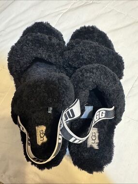 UGG Black Fluff Slide Sandals with Branded Elastic Strap